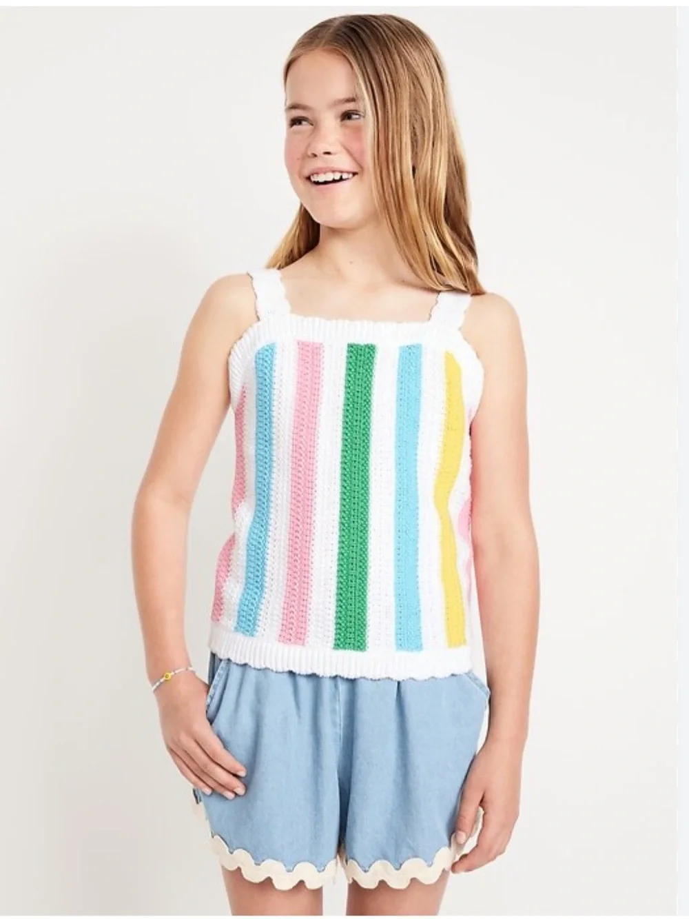 Youth Old Navy Sleeveless Sweater Knit Tank Top cotton stripe LG crochet white